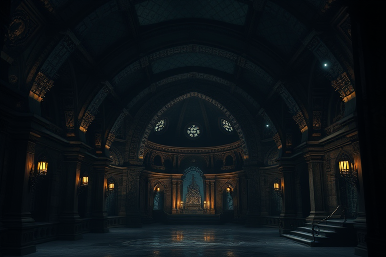 a dark underground space with majestic architecture