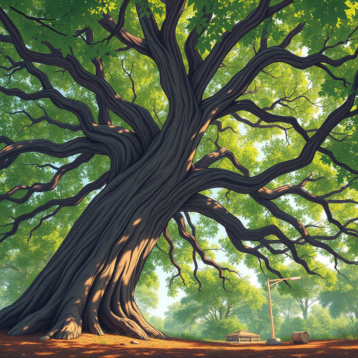Create a highly detailed illustration of a large tree with a thick trunk and lush, leafy canopy, captured from a low-angle view with soft natural lighting, using a DSLR camera with an aperture of f/2.8, ISO 100, and a focal length of 50mm to enhance depth of field and vibrancy.