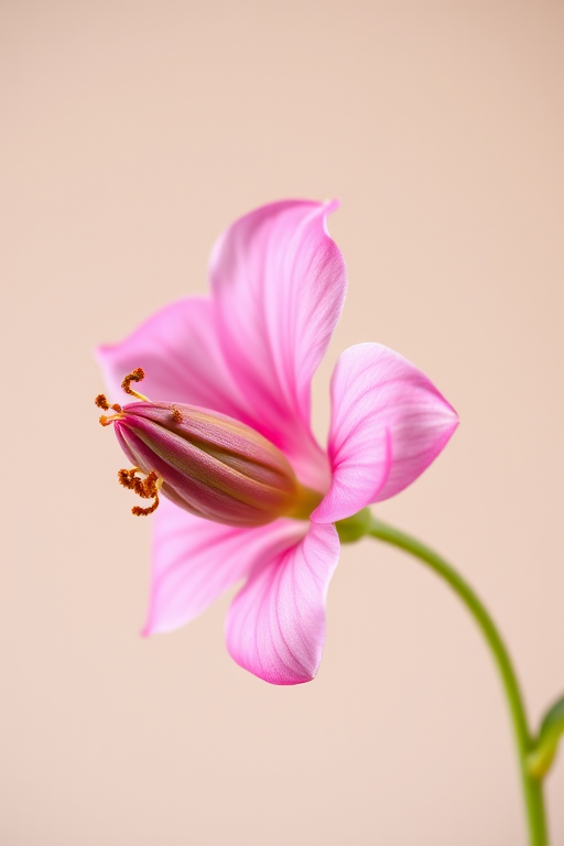 Create a close-up photograph of a pink flower and bud against a neutral background using a DSLR camera at f/2.8 aperture, 1/250 shutter speed, ISO 100, with a macro lens for enhanced detail and sharpness.