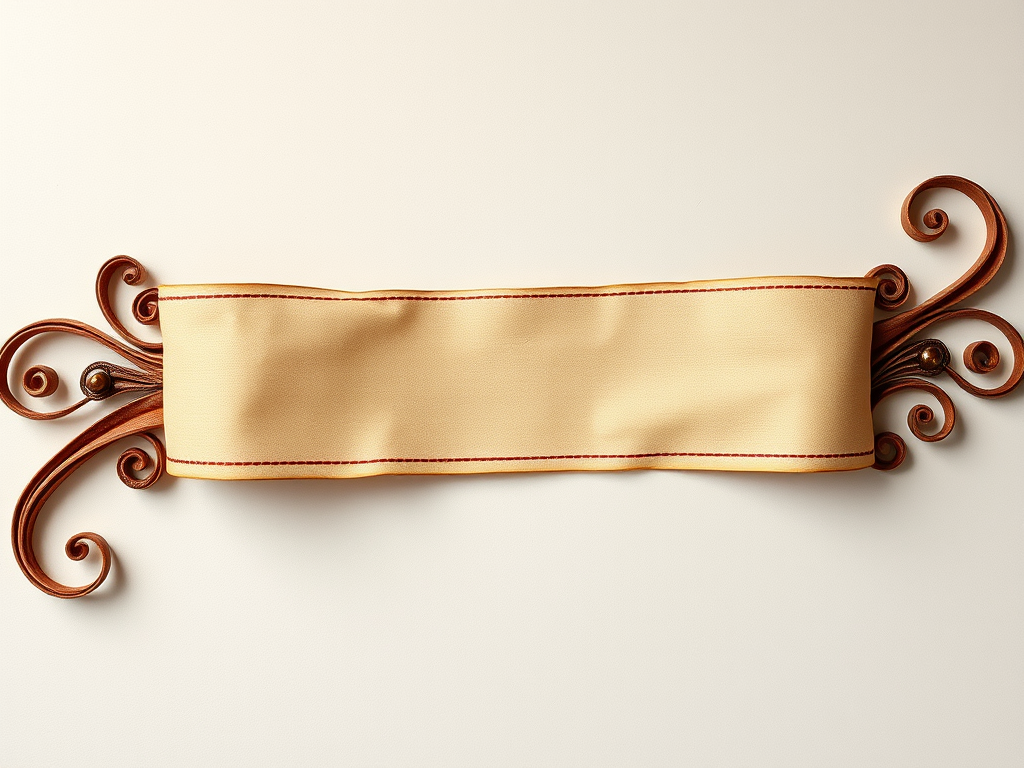 Create a high-resolution image of a vintage blank banner ribbon with ornate curls, captured with a DSLR camera at f/2.8 aperture, 50mm lens, ISO 100, natural soft light, and a slight top-down view to enhance details and texture.