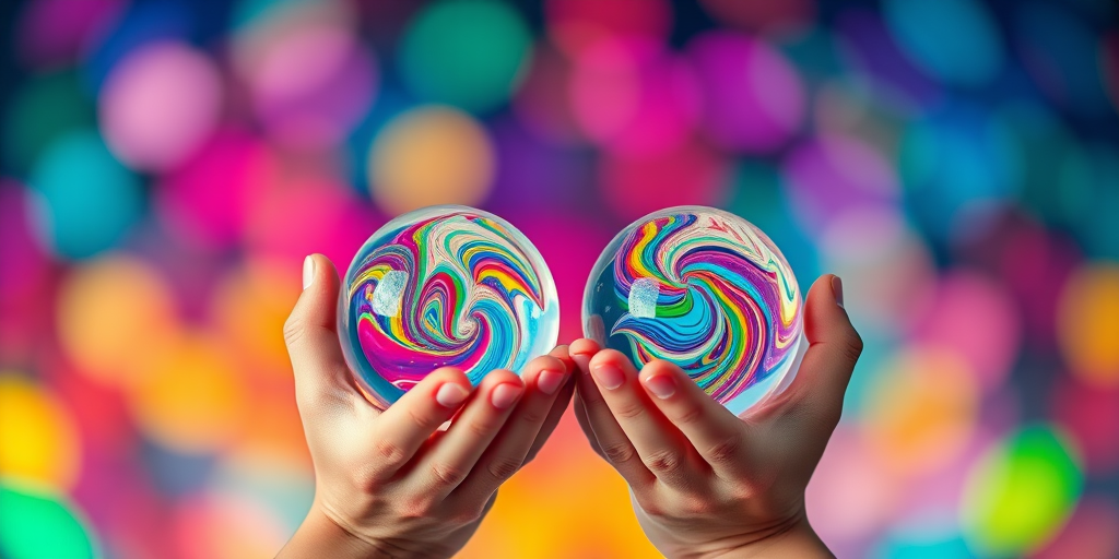 Create an image of two hands holding crystal spheres with colorful swirls inside, set against a soft bokeh background of vibrant colors, using a Canon EOS R with an f/2.8 aperture, ISO 100, and a 50mm lens to enhance depth of field and sharpness.
