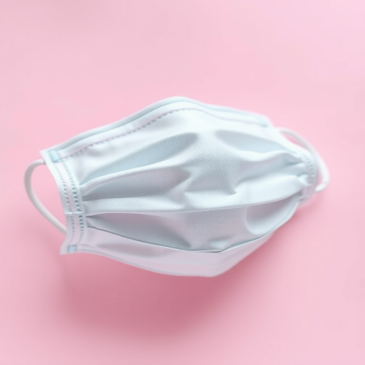 create a high-resolution vector illustration of a surgical mask on a light pink background, focus on details of the mask texture and layers, use a soft focus lens, employ a shallow depth of field, set aperture to f/4, ISO 100, and a 35mm lens.