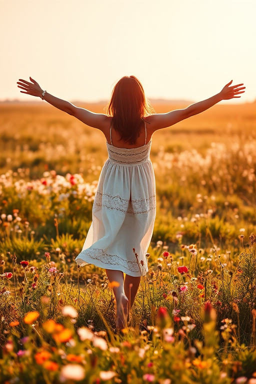 Quiet meadow dotted with wildflowers, a woman in a flowy dress standing among the blooms, her arms outstretched as she embraces the warm summer sun.