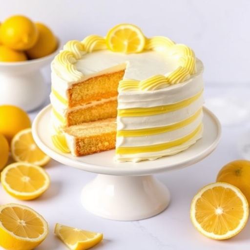 A beautifully decorated lemon cake with yellow and white striped frosting cut into slices on a white cake stand surrounded by lemon wedges and a soft background.