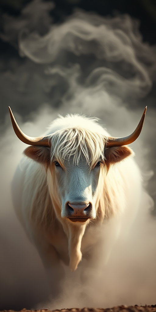 a majestic white yak emerging from a swirling mist with dramatic lighting, high detail, 50mm lens, f/1.8 aperture, ISO 100, soft focus background, high dynamic range photography, shot from a low angle for impact
