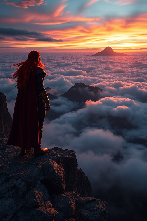 Create an image of a heroic character with red hair standing on a cliff, gazing at a breathtaking landscape filled with clouds and a distant mountain peak under a vibrant sunset, shot with a Canon EOS R5 at f/1.8, ISO 100, and a 24mm lens to enhance depth and detail.