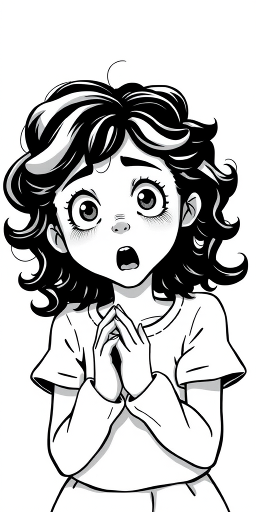 The image is a black and white illustration of a young girl with curly hair. She has a surprised expression on her face with her mouth open and her hands clasped together in front of her chest. Her eyes are wide and her eyebrows are furrowed. Her hair is styled in loose curls that are cascading down her back. The overall mood of the image is one of shock or surprise.
