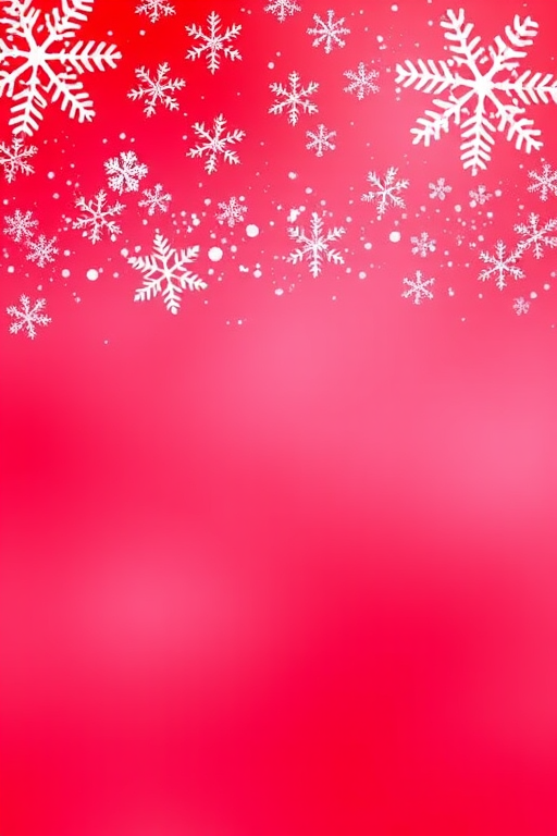 Create a vibrant winter-themed graphic featuring a gradient from deep red to white with intricate snowflakes sprinkled across the top, captured with a DSLR camera at f/8 aperture, ISO 100, 50mm lens, in natural light.