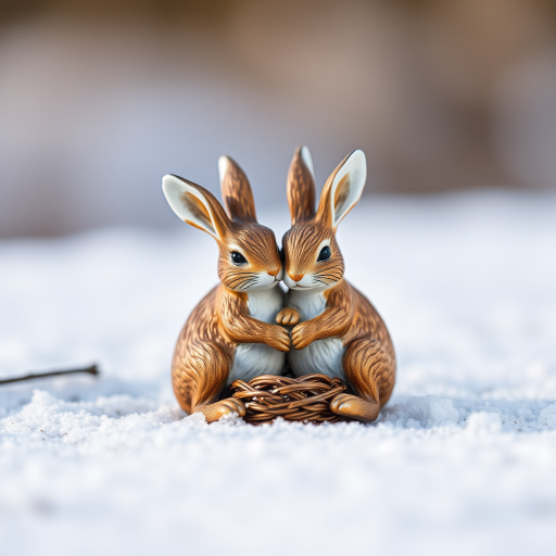 capture two rabbit figurines nestled together on a snowy surface with a macro lens, f/2.8 aperture, ISO 100, 50mm focal length, natural light, shallow depth of field for enhanced focus on details and soft background blur