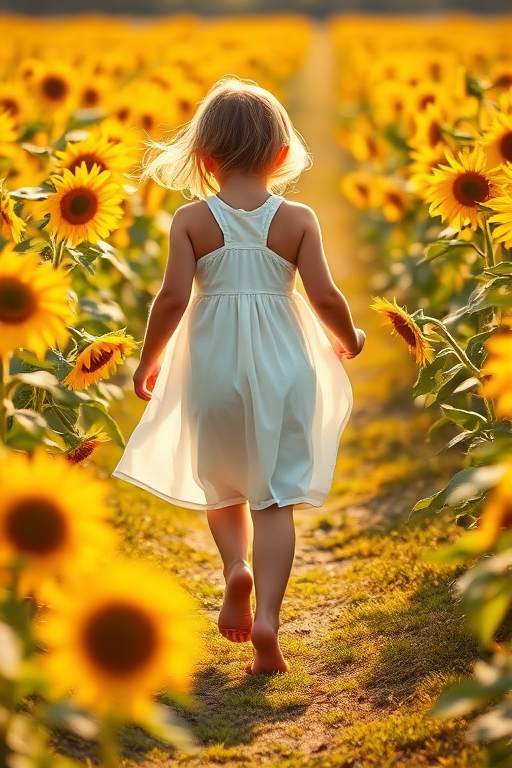 Softly focused image of a young girl walking barefoot through a sunflower field, her white dress flowing in the gentle breeze, with soft golden sunlight filtering through the flowers.