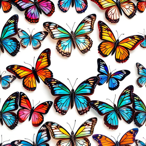 Create a seamless pattern of intricately designed butterflies with colorful wings and whimsical details on a white background, shot with a Canon EOS R5 using a 50mm lens, aperture f/4, ISO 100, and a soft light setup to enhance texture and color vibrancy.