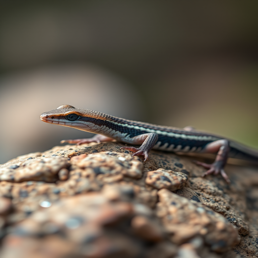 regenerate an image of a skink resting on a rock with a shallow depth of field, using a Canon EOS 5D Mark IV, 100mm f/2.8 macro lens, aperture f/2.8, ISO 200, shutter speed 1/250s, natural light, slightly off-center composition