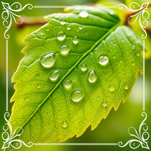 capture a close-up of a fresh green grape leaf with raindrops glistening in natural light, using a macro lens at f/2.8, 1/200s exposure, ISO 100, shot from a slightly elevated angle to highlight texture and detail, with a shallow depth of field to blur the background, emphasizing the leaf and adding a soft focus effect on decorative elements in the corners