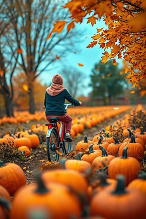 create a vibrant autumn scene of a person riding a bicycle through a pumpkin patch with falling leaves, using a DSLR camera with a 50mm lens, f/2.8 aperture, ISO 100, shot from a low angle to enhance depth, with a bright color palette and soft focus background for a whimsical effect