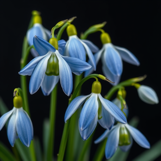 a close-up view of snowdrop flowers with vibrant blue petals and green accents against a black background, captured with a DSLR camera, f/2.8 aperture, 50mm lens, ISO 100, natural lighting for enhanced colors and details