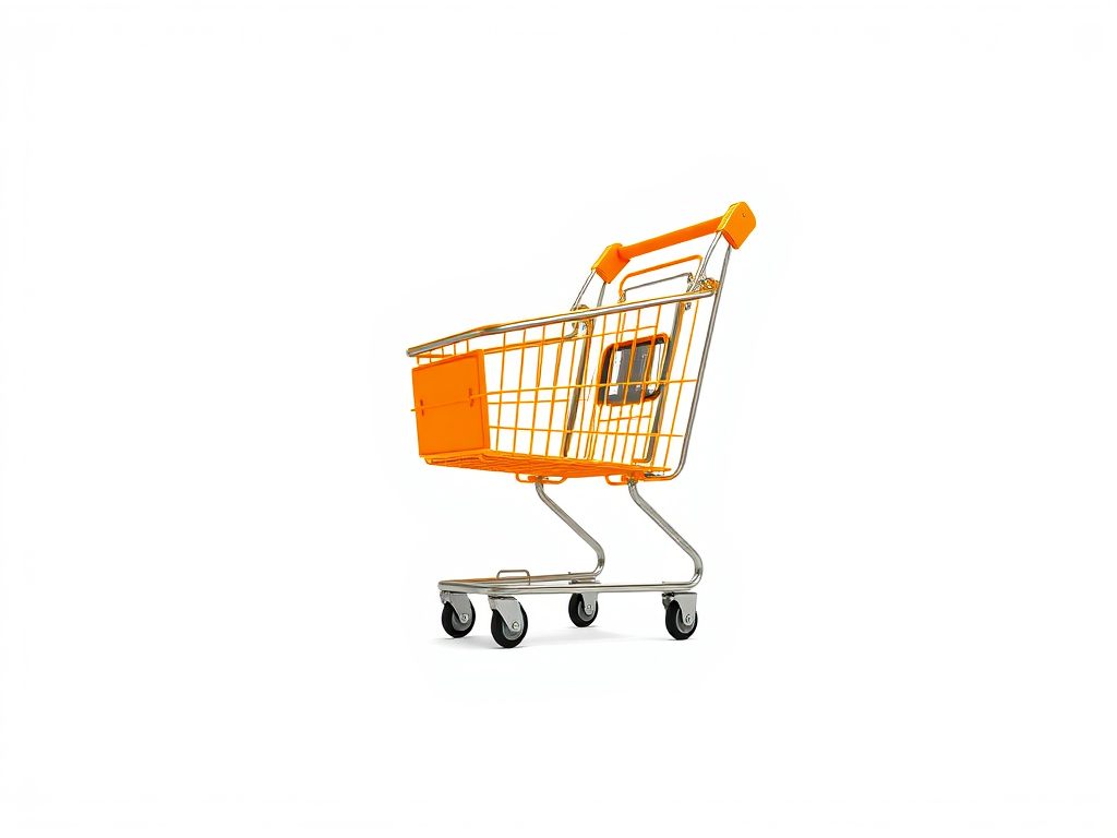 Create a detailed illustration of a shopping cart in a vibrant orange color against a white background, using a DSLR camera with a 50mm lens, aperture set to f/2.8, ISO 100, and shot from a low angle to emphasize depth and perspective.