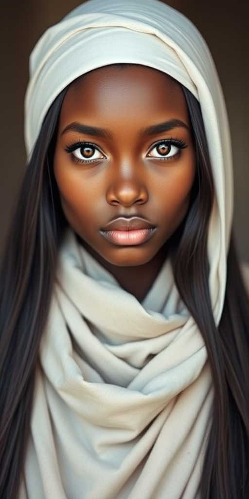 Create a portrait of a young African American female with long, dark hair and captivating hazel eyes. She is wearing a white headscarf and a matching scarf draped gracefully around her neck. The background is softly blurred, focusing attention on her serene and natural expression. The overall color palette is muted and warm, enhancing the intimate and authentic feel of the portrait.