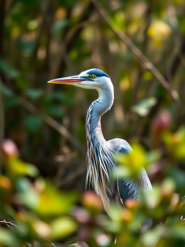 heron in natural habitat with blurred foliage in foreground, using a Canon EOS R5 camera, 100mm f/2.8 macro lens, aperture f/4, ISO 200, shutter speed 1/500s, shot in portrait mode, natural lighting, shallow depth of field