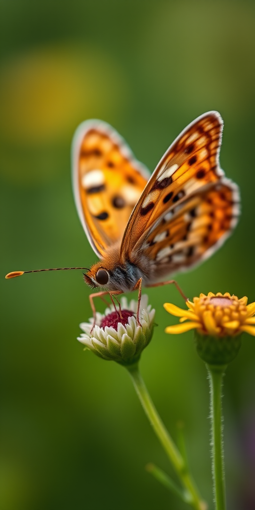 Close-up of a brown butterfly perched on a flower, blurred green background, 85mm macro lens, aperture f/2.8, shutter speed 1/250s, ISO 100, natural light, shallow depth of field.