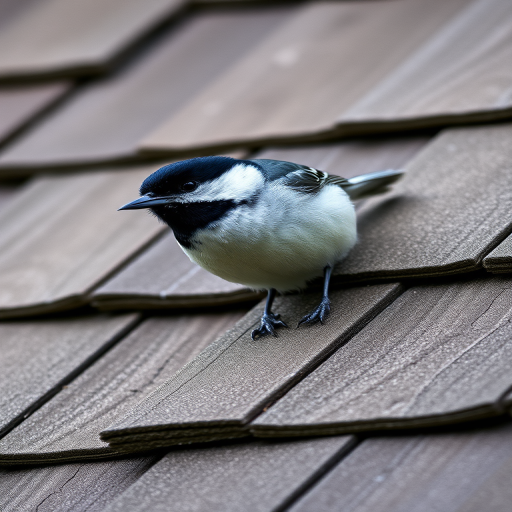 A close-up shot of a black and white bird perched on textured wooden shingles, natural light, f-stop 5.6, shutter speed 1/200s, ISO 400, DSLR camera, portrait orientation.