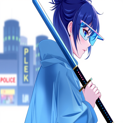 1 girl, android, simple, background, gradient background, see-through coat, iridescent, visor, realistic, aesthetic, from side, blue theme, white background, text POLICE, night city background, depth of field, holding weapon, sword, sword, sword reflection, traditional style grip, off centre crop, realistic