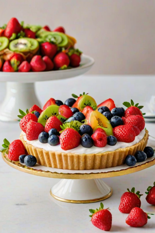 Create a vibrant fruit tart with a golden crust, topped with a colorful arrangement of fresh strawberries, blueberries, raspberries, kiwi slices, and orange segments, displayed on a white cake stand. The tart should have a glossy finish and be set against a light background.