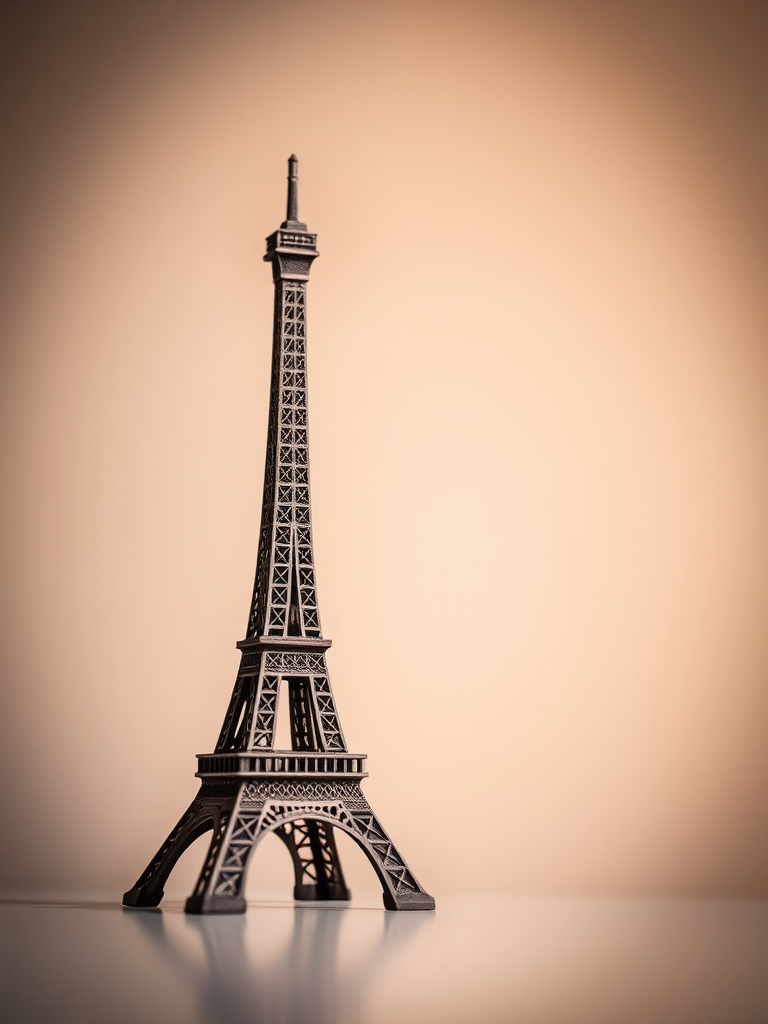 Create a high-resolution image of a detailed Eiffel Tower model against a soft gradient background, using a DSLR camera with a 50mm lens, aperture f/2.8, shutter speed 1/200s, ISO 100, natural lighting, and a slight tilt for a dynamic angle.