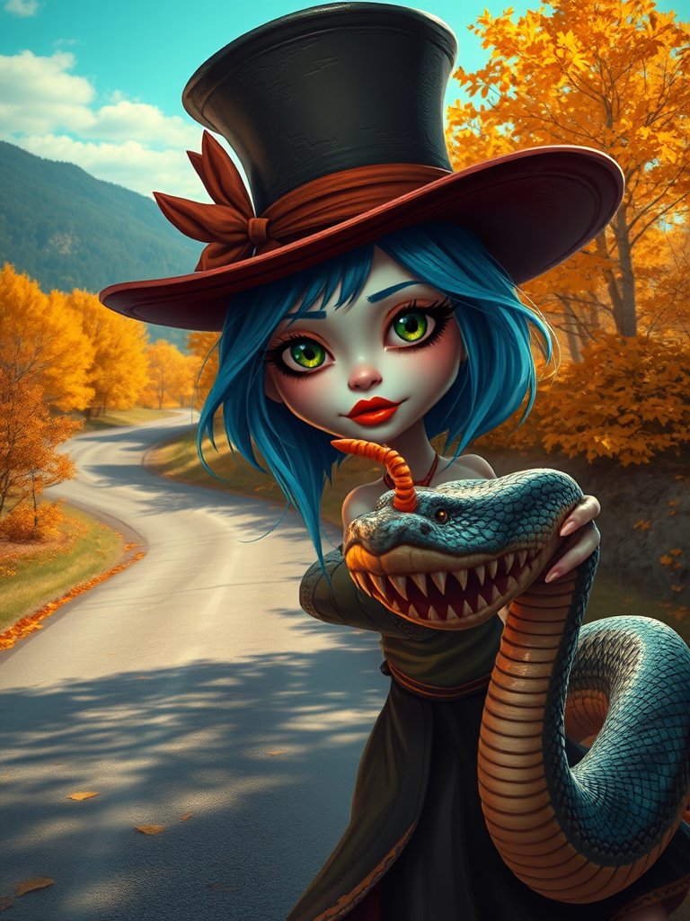 digital art fantasy depicting a strange girl with blue hair, long eyelashes, orange lipstick and a tall hat walking along a winding road on an autumn afternoon, an Cobra smiles as she passes