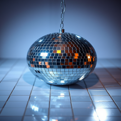Create a high-resolution image of a disco ball with a shiny surface and reflective tiles, captured with a 50mm lens, aperture f/1.8, ISO 100, in a soft studio light setup, using a DSLR camera from a slightly elevated angle.