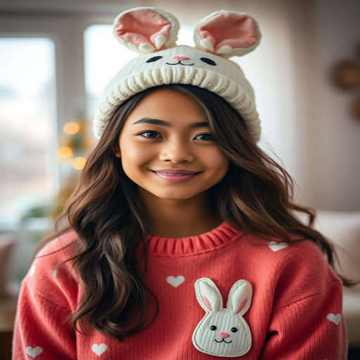 Create a soft-focus portrait of a young woman in a playful, cozy outfit featuring bunny motifs, indoor setting with soft natural lighting, using a Canon EOS R5, 85mm lens, aperture f/1.8, ISO 100, with a shallow depth of field to emphasize her expression and outfit while softening the background.