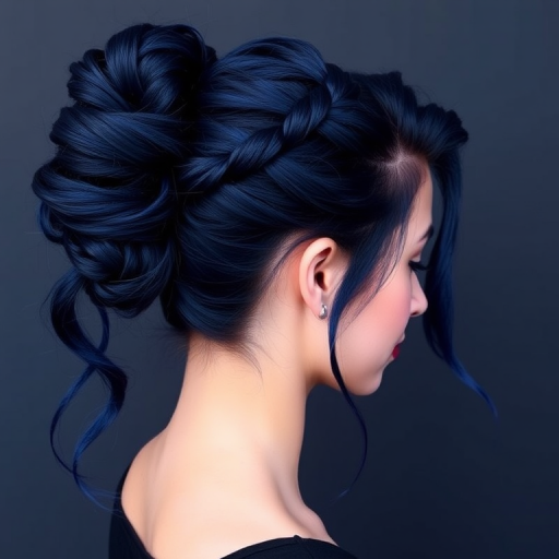 Dramatic midnight blue locks styled in a sleek, high ponytail with a braided wrap and cascading tendrils, embodying celestial beauty in the "Starry Night" updo