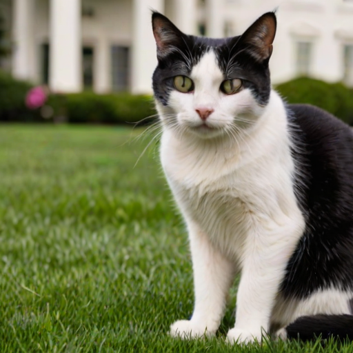 A close-up photograph of a white and black cat sitting on a green lawn. Its tail is curled neatly beside it, and the cat's face is predominantly white. It has a distinctive expression, resembling a domestic shorthair, with slightly squinted eyes that give it a look of frustration. In the background, the White House in Washington, D.C. looms, while the cat sits angrily on the grass, its posture showing intense displeasure.