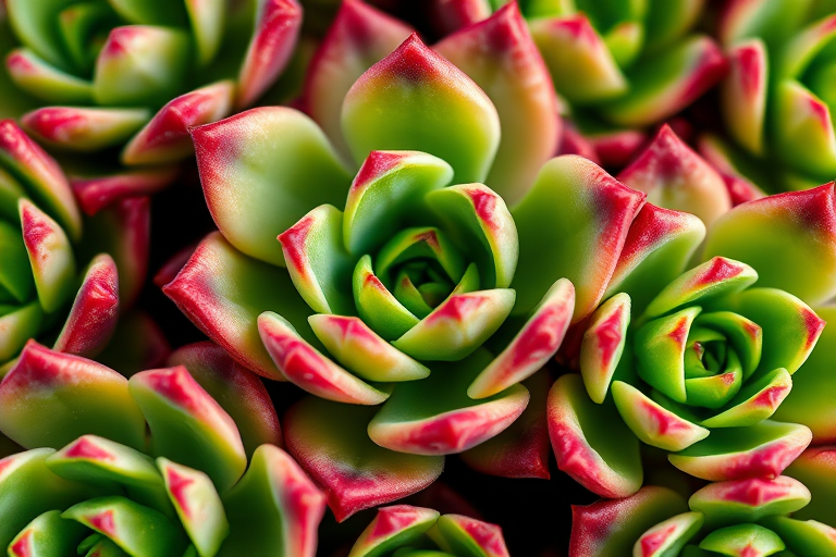 close-up of green succulent plants with pink edges, f/2.8 aperture, 1/200 sec shutter speed, ISO 100, macro lens, natural light