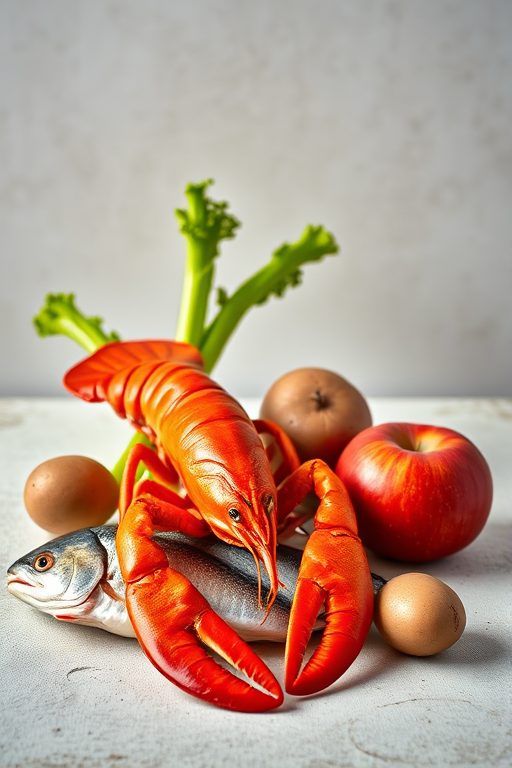 Create a still life composition featuring a lobster, fish, celery, potatoes, and an apple on a textured surface with a soft neutral background, shot with a Canon EOS R5, 50mm lens, f/1.8 aperture, ISO 200, natural light, emphasizing rich colors and fine details.