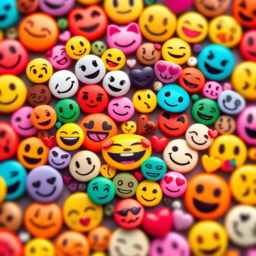 Create a vibrant heart-shaped collage made of diverse colorful emojis, shot with a Nikon D850 at f/8, 1/250s, ISO 100, using macro lens, top-down view, high-definition.