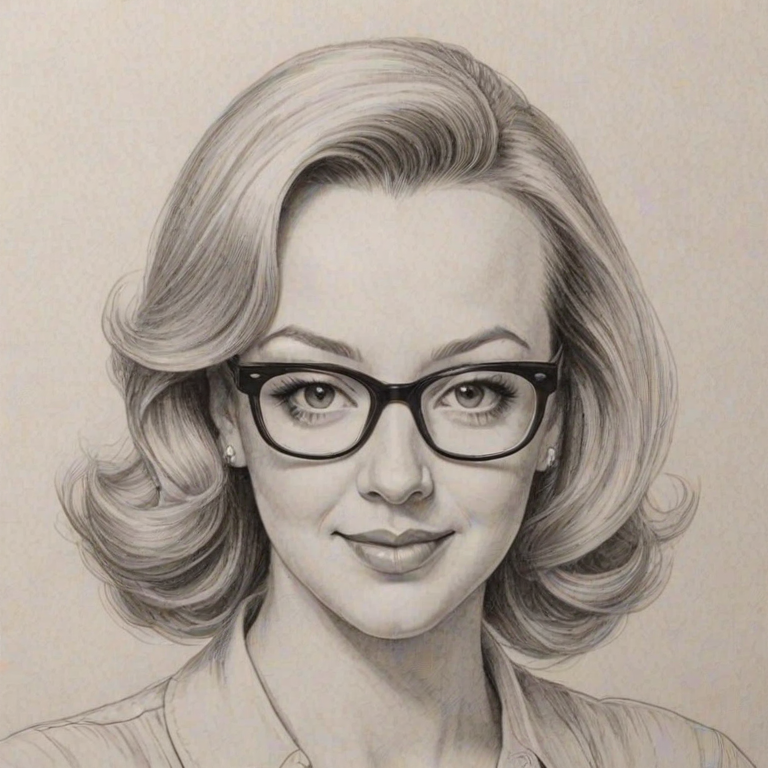 Appealing Wendi McLendon-Covey, pencil sketch, portrait of Superb woman 1956s in glasses, hair style beatnik, outline, clear lines, fine lines, 8k