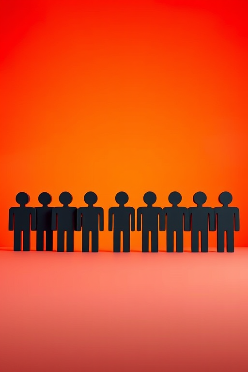 Create an image of a group of ten stylized, geometric figures, arranged in a line against a vibrant gradient background of orange and red, using a DSLR camera with a 50mm lens, aperture set to f/2.8, shutter speed of 1/125s, and ISO 100 for enhanced detail and color depth.
