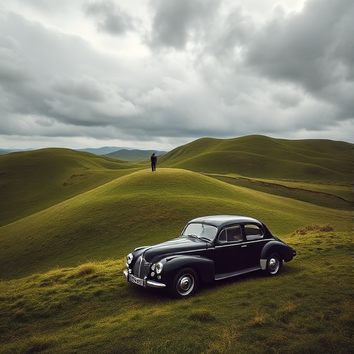 A solitary figure standing on rolling green hills with a vintage car parked nearby under a cloudy sky, captured with a Canon EOS R5, aperture f/4, shutter speed 1/200s, ISO 100, wide-angle lens, landscape view, high dynamic range.