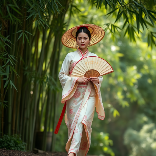 A serene figure in traditional attire walking gracefully with a large fan, surrounded by soft green bamboo leaves, shot with a Canon EOS R5, 85mm lens, aperture f/1.8, soft focus background, natural lighting for a calming atmosphere.