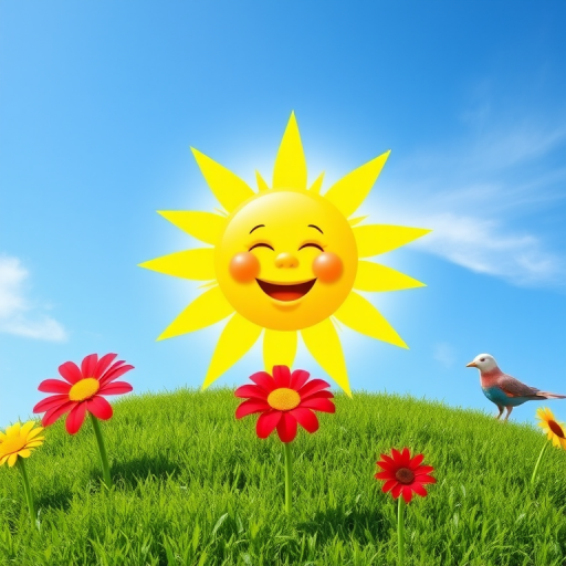 Create an image shows a bright, sun with a smiling baby's face in the center, radiating soft yellow rays. The sun is set against a clear blue sky with a few wispy clouds. Below, there's a lush green grassy hill with colorful, oversized flowers, giving the scene a whimsical, playful atmosphere.