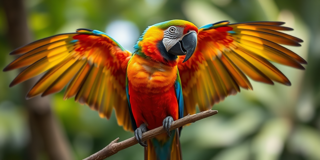 A vibrant macaw perched on a branch with wings outstretched, captured in high resolution with a DSLR camera, 50mm lens, f/2.8 aperture, 1/500s shutter speed, soft natural lighting to enhance colors and details.