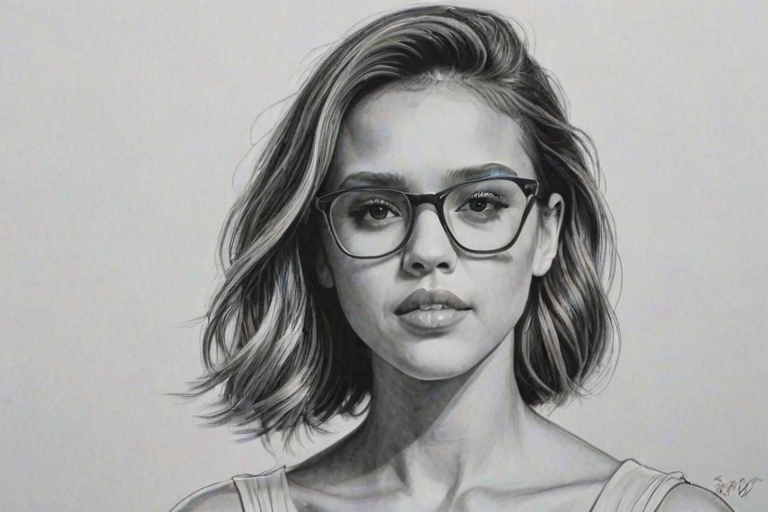Sublime Jessica Alba, pencil sketch, portrait of Resplendent woman 1945s in glasses, hair style beatnik, outline, clear lines, fine lines, 8k