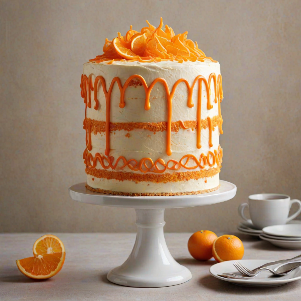Create an image of a layered cake with cream frosting, featuring a unique decoration of vibrant, elongated orange sugar or candy tendrils standing upright around the top. The cake should have multiple layers visible, showcasing a rich filling. The background should be simple and light to emphasize the cake's details.