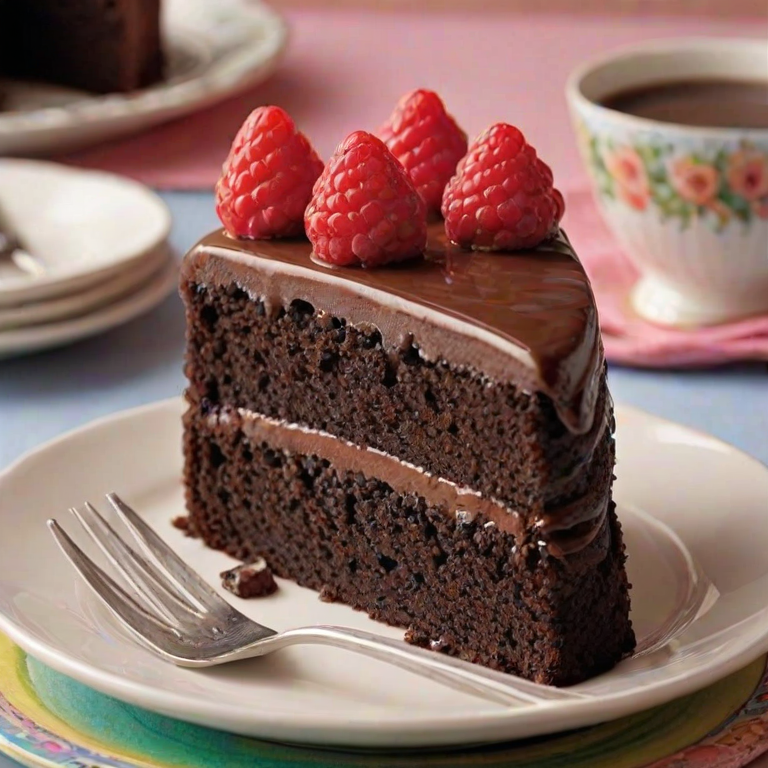 Create an image of a rich chocolate cake with smooth, glossy frosting. The cake should have multiple layers, each clearly visible with a slice cut out to show the interior. The setting should include a decorative plate and a colorful tablecloth in the background.