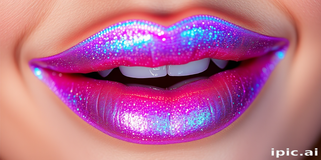 Iridescent holographic lip topper "Prismatic Dreams" creating a multidimensional effect, shifting colors in different lighting, and adding sparkle to any lip color