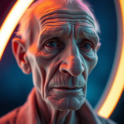 create a close-up perspective view fine art photography contemporary style of an elderly worn albino’s face with a soft, candid expression on a blurred sky black light background.Showcasing a modern style characterized by vibrant blacklight tones, using dramatic lighting and soft gradients to create a fine art atmosphere. The focus is on the light and facial features. motion light blur, neon backlit