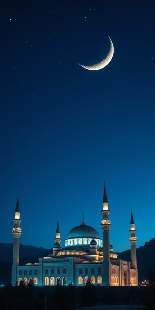 Capture a serene night scene of a grand mosque under a crescent moon, with soft glowing lights in the windows, surrounded by mountains and a starry sky, using a DSLR camera, f/2.8 aperture, ISO 800, 24mm lens, shot in landscape orientation for enhanced detail and clarity.