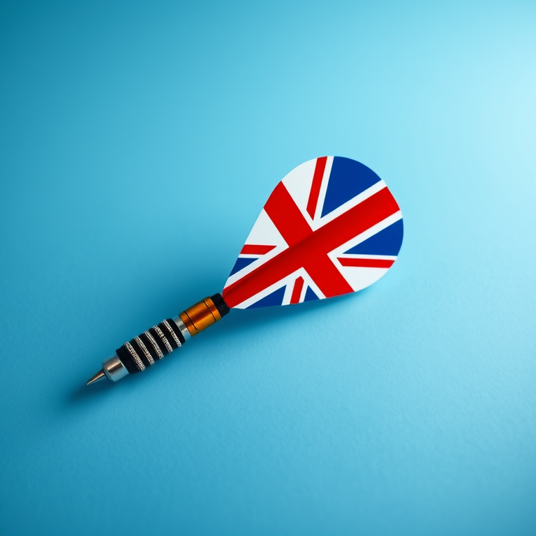 Create a hyper-realistic image of a dart with a Union Jack design on the flight, positioned diagonally on a soft blue background, using a DSLR camera with a 50mm lens, aperture set to f/2.8, ISO 100, and a slight soft focus to enhance depth of field.