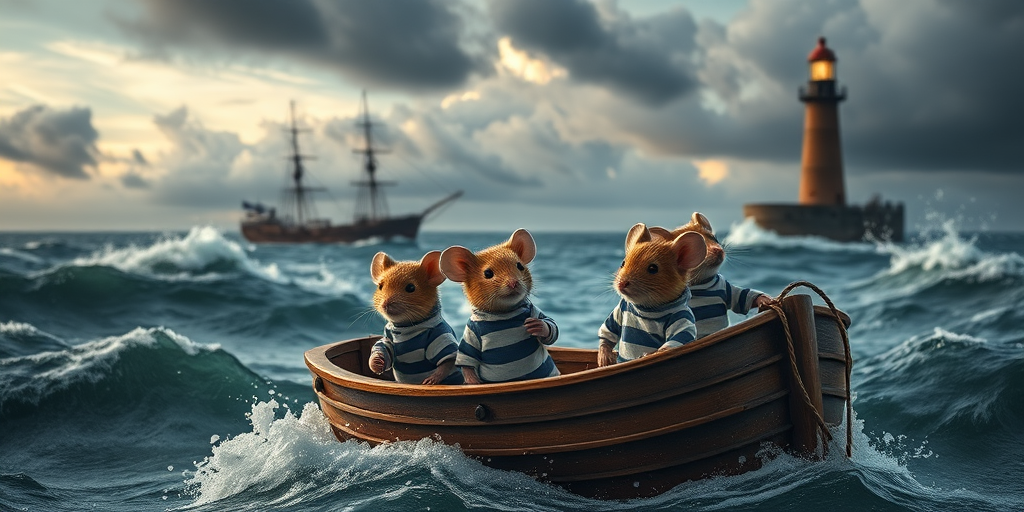 Create a detailed, high-resolution image of a stormy sea with a boat containing anthropomorphic mice wearing striped shirts, a shipwreck in the background, a lighthouse emitting light, dramatic clouds overhead, use a DSLR camera with a 50mm lens, aperture of f/2.8 for shallow depth of field, ISO 200 for clarity, and a long exposure effect to capture movement in the waves.