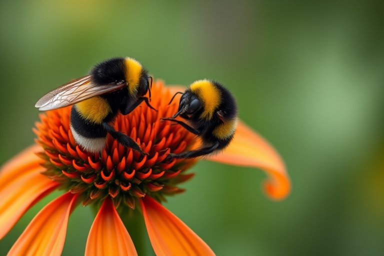 Close-up of two bumblebees on a vibrant coneflower, soft focus background, macro lens, f/2.8 aperture, 1/250s shutter speed, ISO 100, natural lighting, DSLR camera.